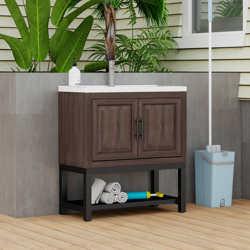 Meuble-lavabo autoportant 32 po avec lavabo en céramique, robinet, 2 portes de rangement et tablette ouverte en fer | Idée cadeau