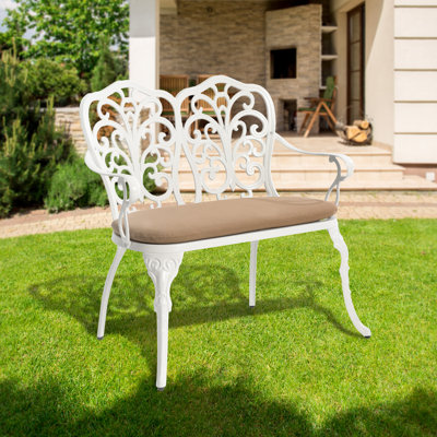 Banc de patio extérieur avec coussin, siège double en fonte d'aluminium avec dossier haut et accoudoirs, mobilier d'extérieur pour patio, porche, jardin, parc