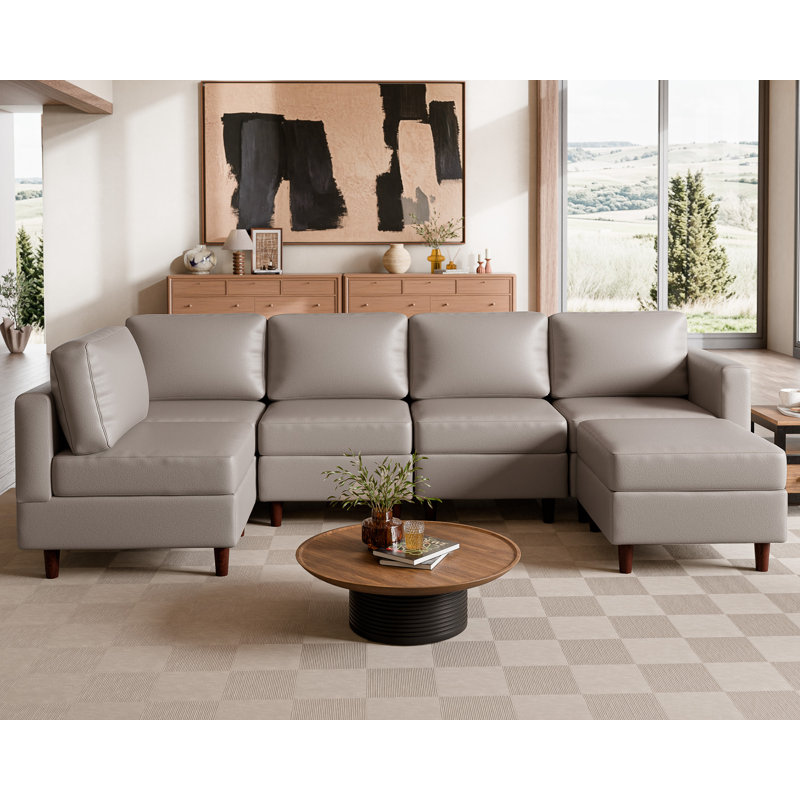 Canapé modulaire réversible en L 6 pièces avec siège de rangement 118,5 po en similicuir gris clair, Similicuir gris pâle