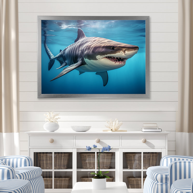 Tiger Shark Territory III - Shark Framed Wall Art, Silver Single Picture Framed, 16" H x 32" W x 1" D