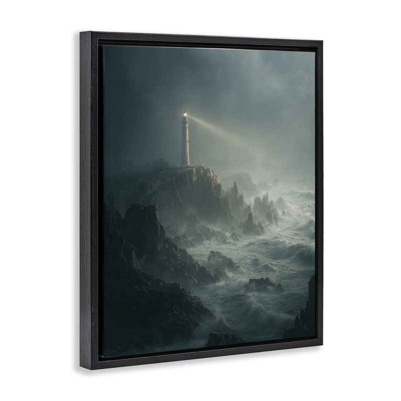 Cadre flottant phare et falaise orageuse, design par Ziwei Li, Cadre flottant noir de jais, H 21 po x l 17 po