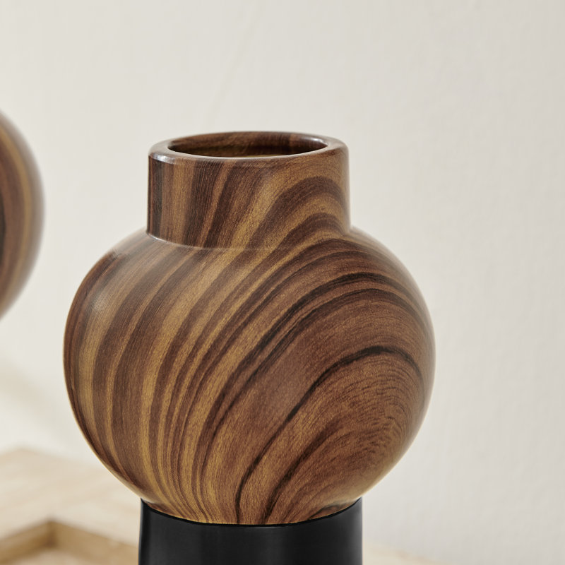 Masanari 2 Piece Modern Two Tone Tabletop Vase Set - Black And Walnut