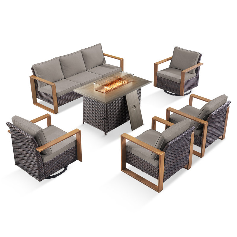 Aldiana 6-Piece Outdoor Conversation Set With Swivel Gliders And Fire Pit Table, 7-Person Wicker Patio Seating With Sofa And Armchairs