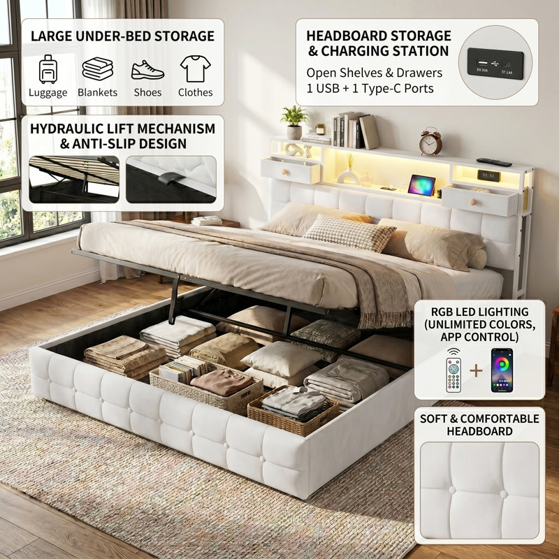 Velvet Ottoman Bed with RGB LED & Charging Station, Tufted Storage Headboard with Drawers, Beige/Grey, EU Double & King Size 140/160x200cm