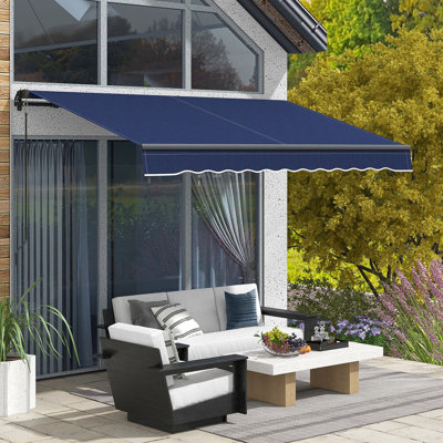 10' X 8' Retractable Awning, Patio Sun Protection With Manual Operation. 280gsm , Tough Aluminum Build. Blue For Deck, Balcony, Yard Awning Retractable, Sunshade Setting. Strong Framework.