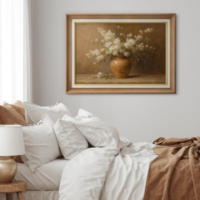 White Blossoms in Rustic Brown Vase - Pictures Framed Paper Print Wall Art