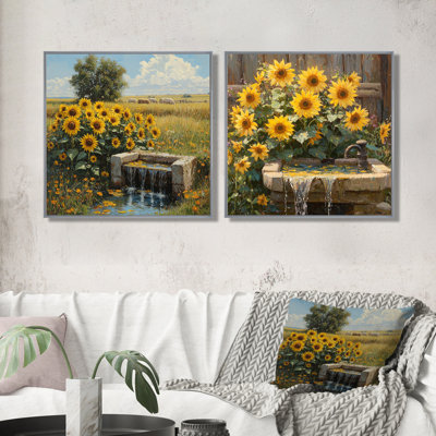 Tournesols près du ruisseau I - Art mural tournesols - Art mural traditionnel, toile 2 pièces