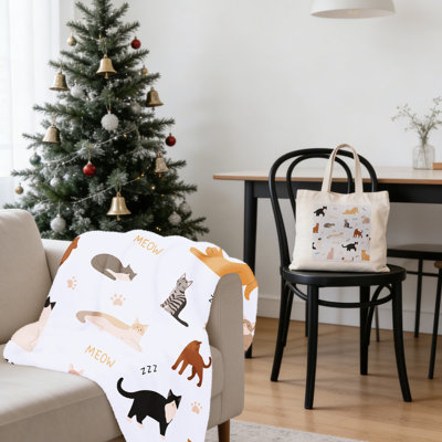 Christmas Multi-Cat 'Meow' 2-Piece Cozy Gift Set: 40x50 Inch Flannel Blanket + 15.75x13.78 Inch Canvas Tote – Festive Holiday Pet-Themed Home Decor Bundle