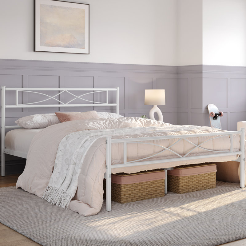 Anelis Metal Bed Frame Platform with Curved Design Headboard & Footboard, Queen, White