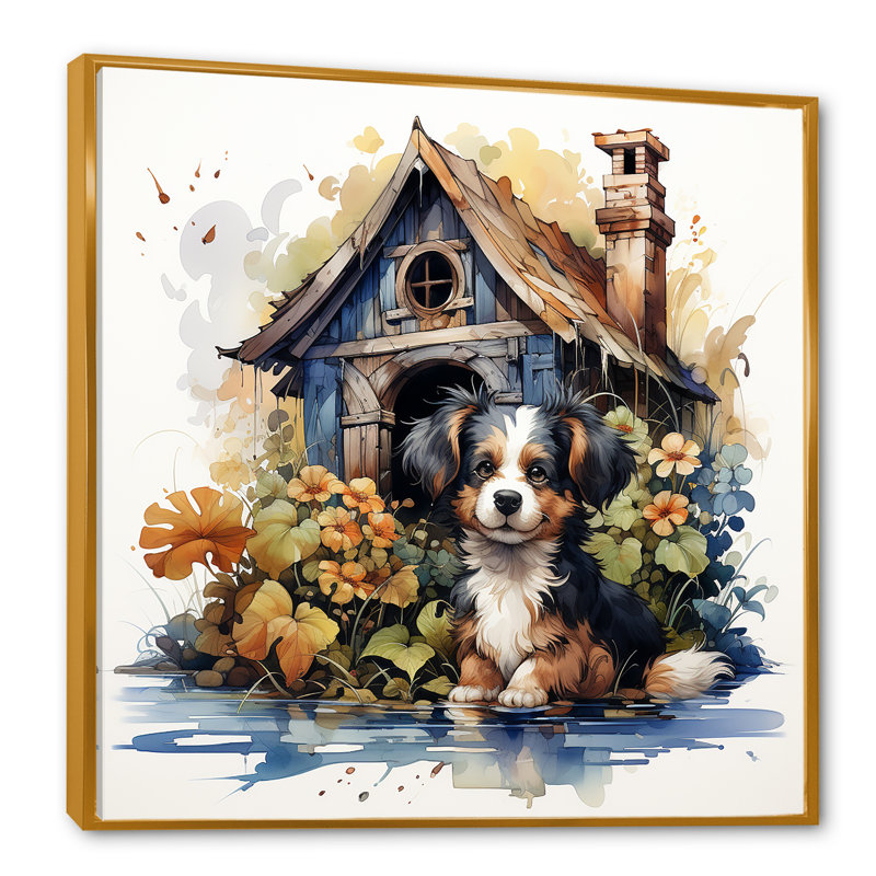«Puppy Doghouse Blooms II», art mural chien, Cadre flottant doré, H 30 po x l 30 po x P 1,5 po