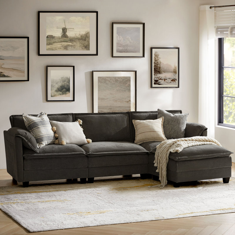 Herrick 108"W Modern Elephant Ear-Shaped Armrests Sectional Sofa with Ottoman, Dark Gray Polyester