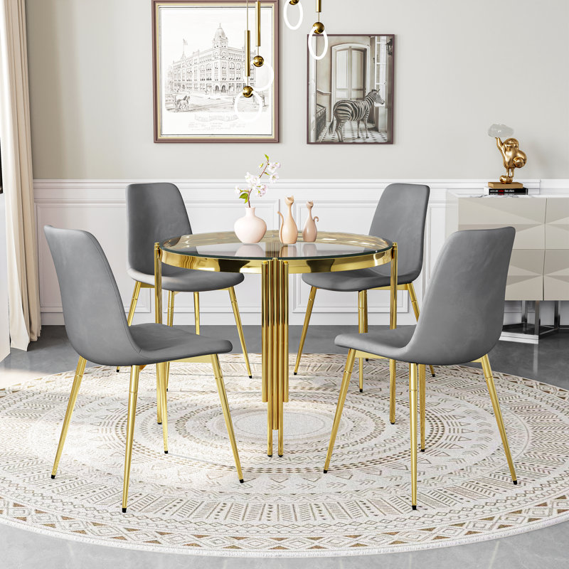 Round Glass Dining Table Set For 4, Modern Irregular Stainless Steel Table With Velvet Cushioned Chairs, Clear/Gold