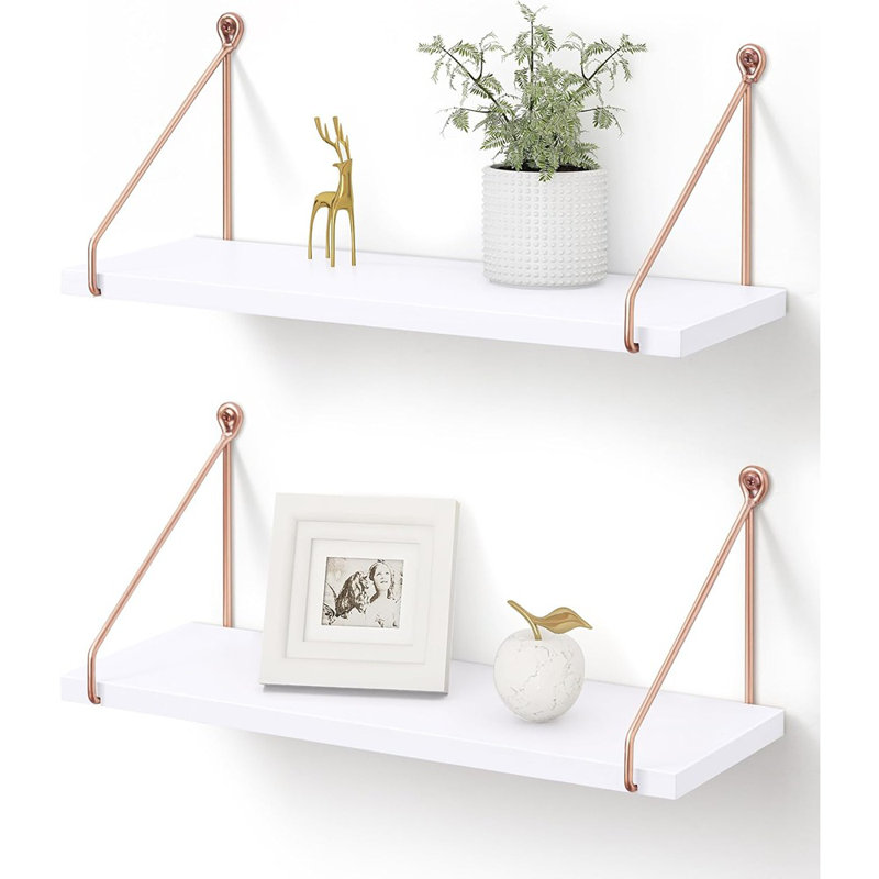 Tablettes flottantes pour le mur, étagères murales métalliques dorées et blanches, étagères pour la cuisine de la chambre à coucher, bibliothèque chic en bois massif et métal, ensemble de 2