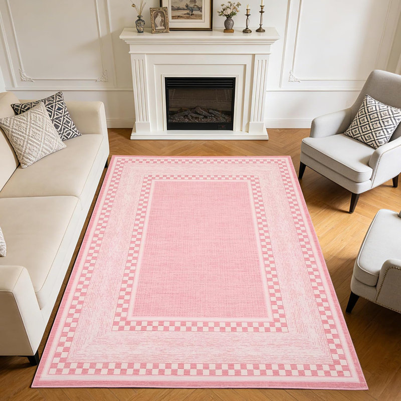 9x12 Checkered Area Rug, Washable Non Slip Low Pile Rug for Bedroom Living Room, Pink, Rectangle 9' x 12', Pink