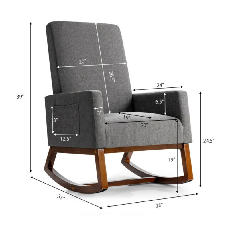 Fauteuil rembourré à dossier haut avec poches latérales Rocking, Gris
