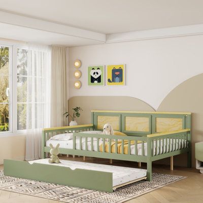 Lit double avec lit gigogne pour enfants, cadre et tête de lit en bois, barrières de sécurité intégrales pour filles et garçons, vert