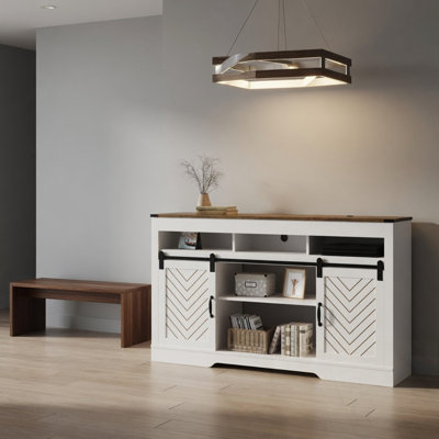 Meuble télé avec portes de grange coulissantes et rangement ouvert