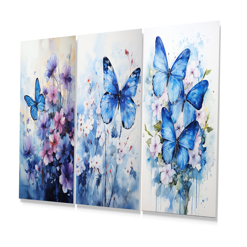 «Sapphire Blue Hues» capture le vol délicat - ensemble d'art mural en métal papillon de 3, H 28 po x l 36 po
