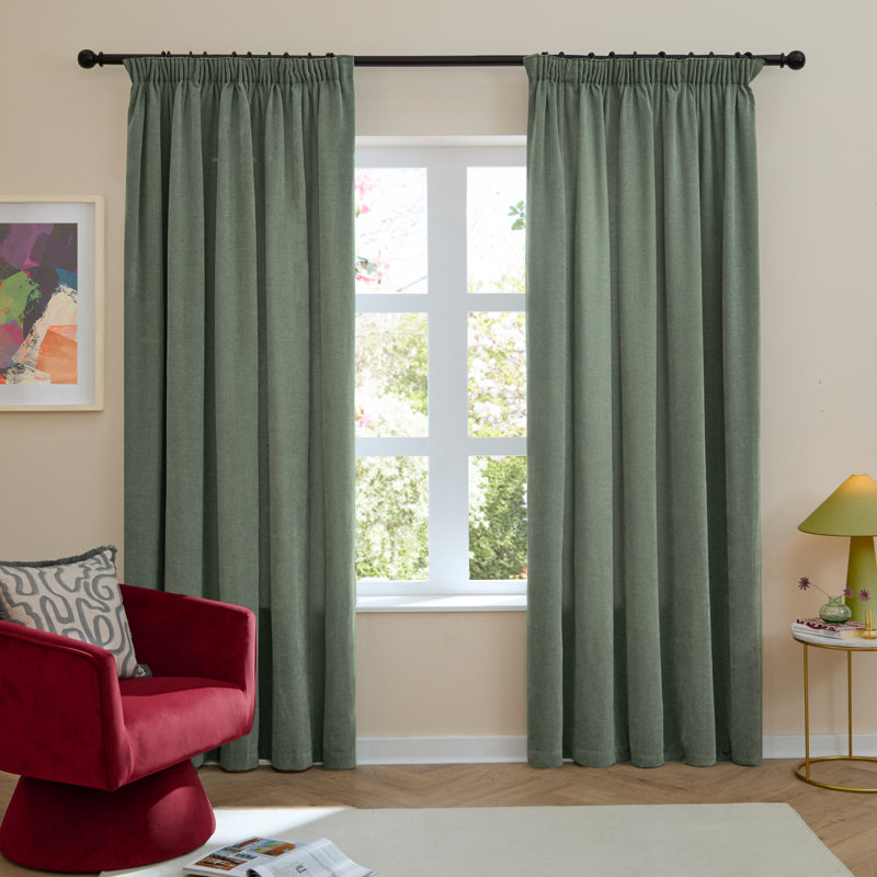 Soft Chenille Blackout Curtain Panel Pair, 168cm Width x 229cm Drop, Green