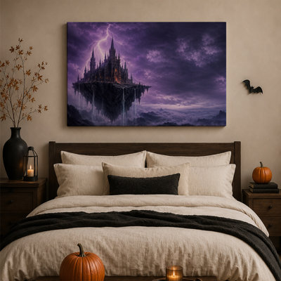 Château gothique flottant avec éclairs violets et toile murale d'Halloween