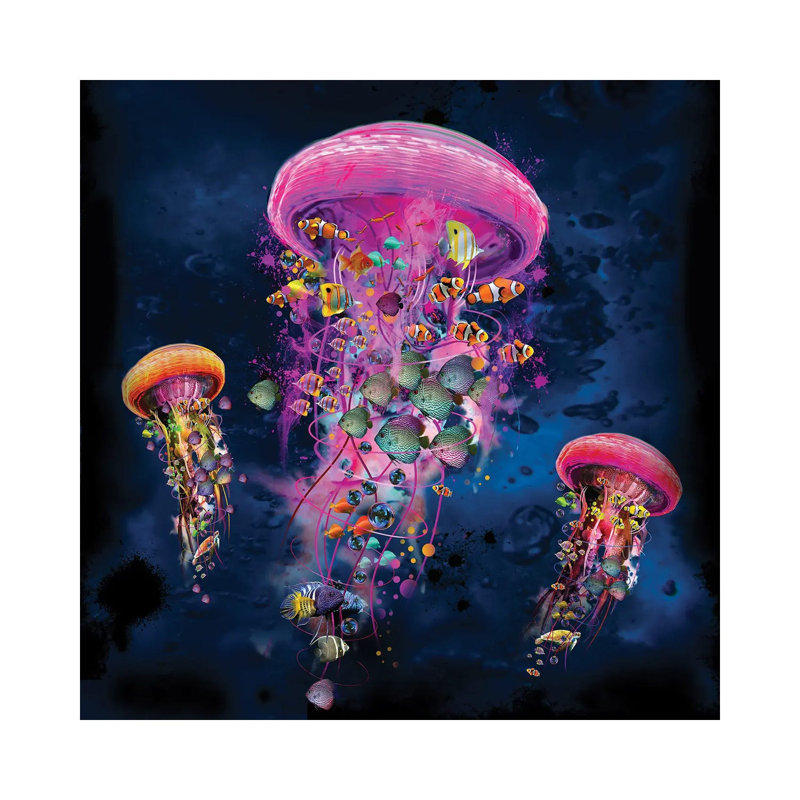 Electric Jellyfish World Pink 1 Piece Wall Art on Canvas, 93.98 cm H x 93.98 cm W x 1.91 cm D, Wrapped Canvas
