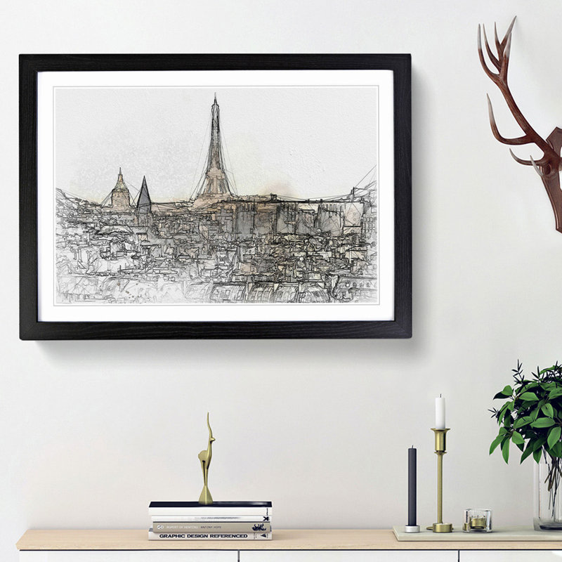 Misty Eiffel Tower in Paris France - Picture Frame Graphic Art Print, Black Framed, 48cm H x 65cm W x 2cm D