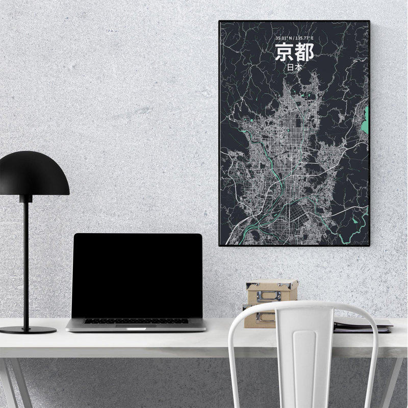 Kyoto (japonais), impression de carte de la ville, H 36 po x l 24 po, Vert / gris