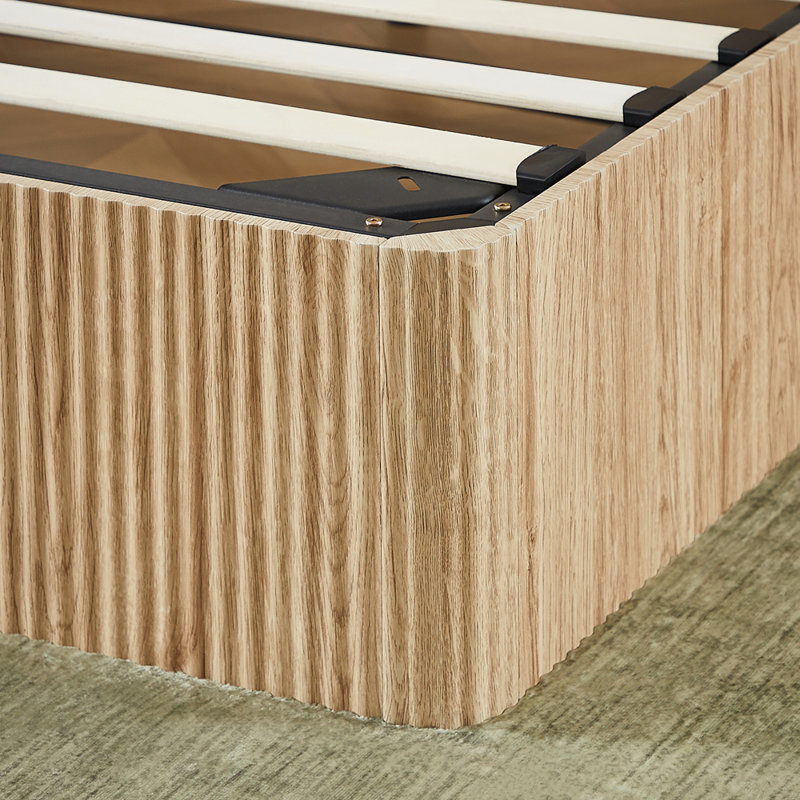 Lift Up Storage Bed Frame Wooden corrugated curved lines No Box Spring Needed, Oak