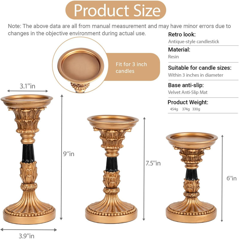 Ensemble de 3 porte-bougies en résine - cadre doré antique avec décorations gravées (9 po, 7,5 po, 6 po)