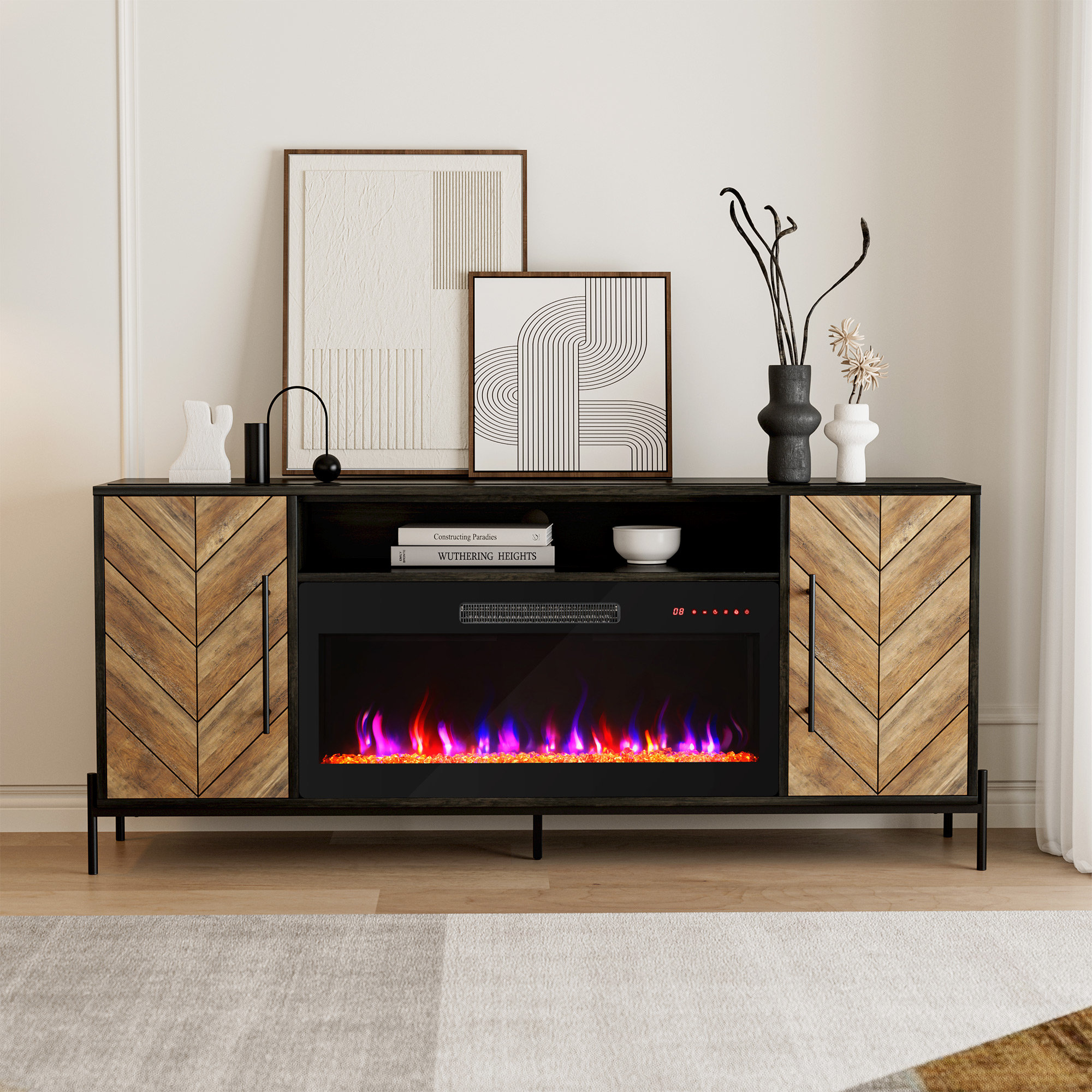 Carina 68 W Storage Credenza with Electric Fireplace Included Trent Austin Design Color Matte Black Brown