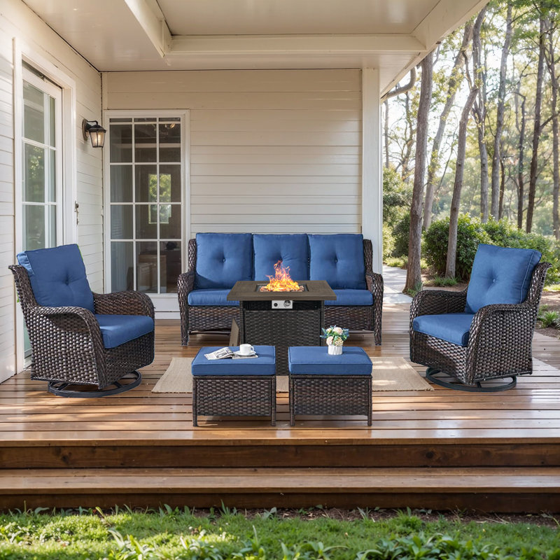 Carolina 5 - Person Sofa Seating Group With Fire Pit And Cushions, Blue