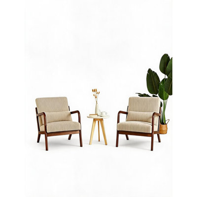 Ensemble de 2 chaises d'appoint en velours côtelé beige de 10 mm, fauteuil de style Mid-Century moderne avec coussin lombaire, structure en bois robuste, fauteuil de lecture confortable pour le salon, le bureau, un appartement