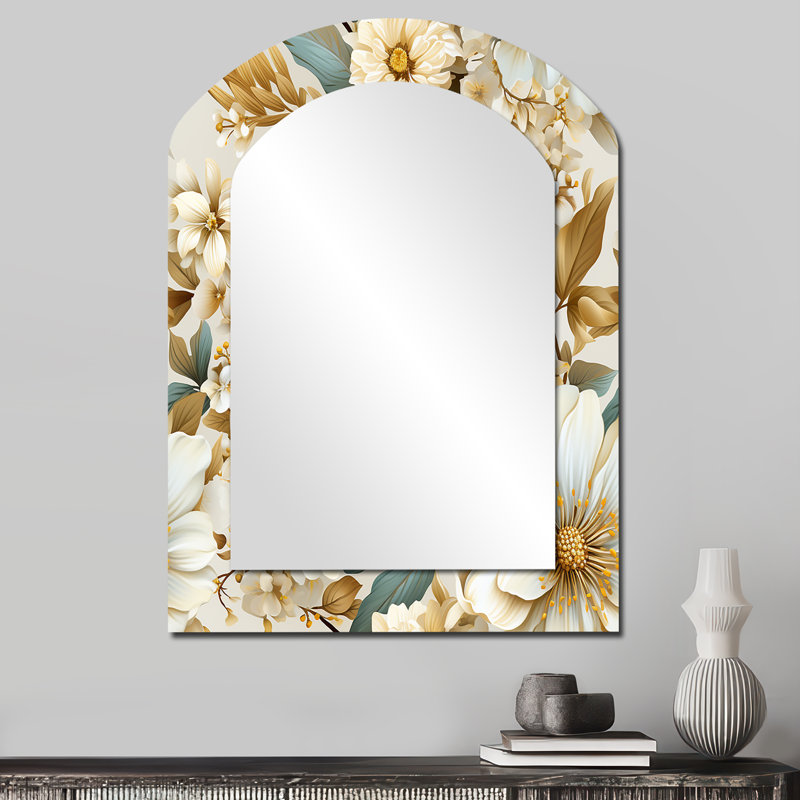 Beige Tranquility Peonies Flower Pattern - Floral Asymmetrical Decorative Mirror, Beige Arch Wall Mirror, Printed Metal Art
