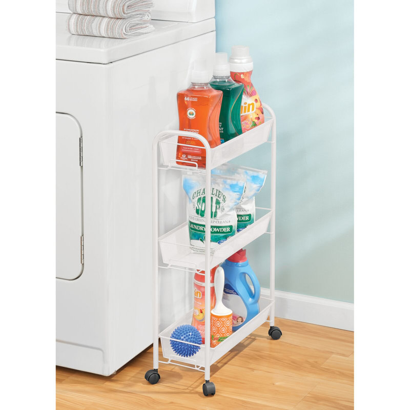 Blush Pink Steel 3-Tier Rolling Laundry Cart with Shelves