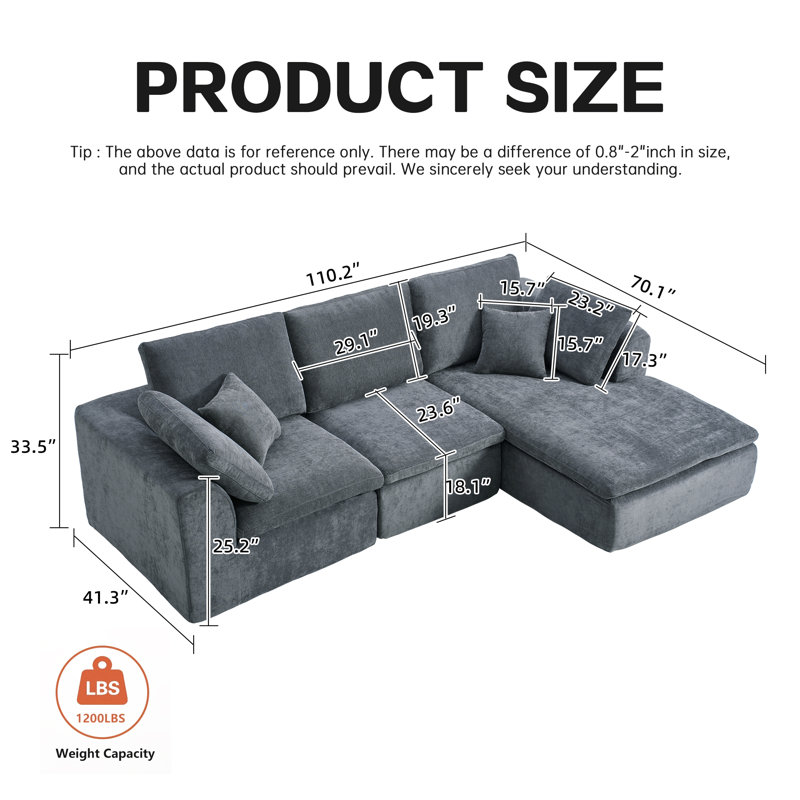 Spacieux canapé modulaire moderne en chenille gris foncé de qualité supérieure pour le salon