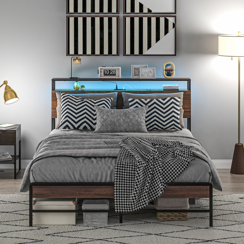 Bed Frame with Storage Headboard, Platform Bed Frame with LED Lights,wood, Full, Walnut