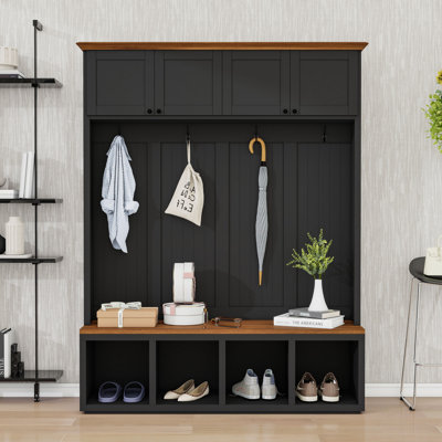 Wooden Hall Tree with 4 Hooks, Storage Cabinets and Bench