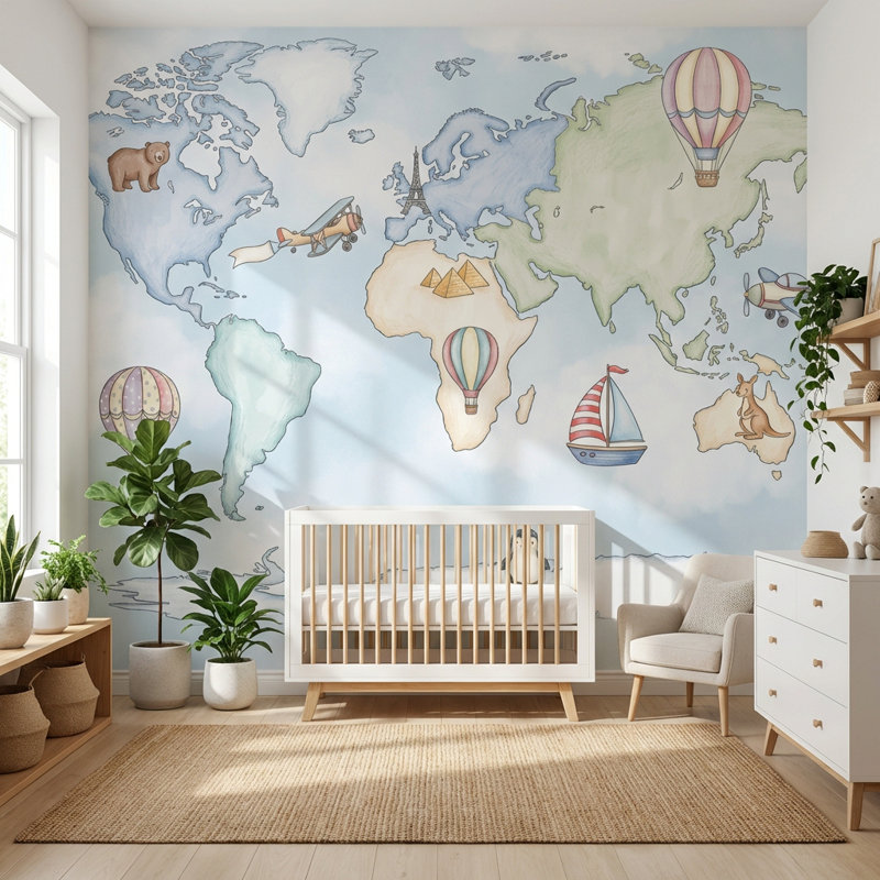 Papier peint carte du monde fantaisiste, montgolfières, 160 po x 108 po, Peler et coller