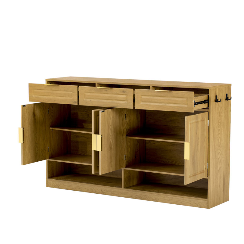 Farmhouse Sideboard Buffet, 59" Storage Cabinet with 3 Drawers, 4 Doors, Adjustable Shelf & Open Compartments, Natural