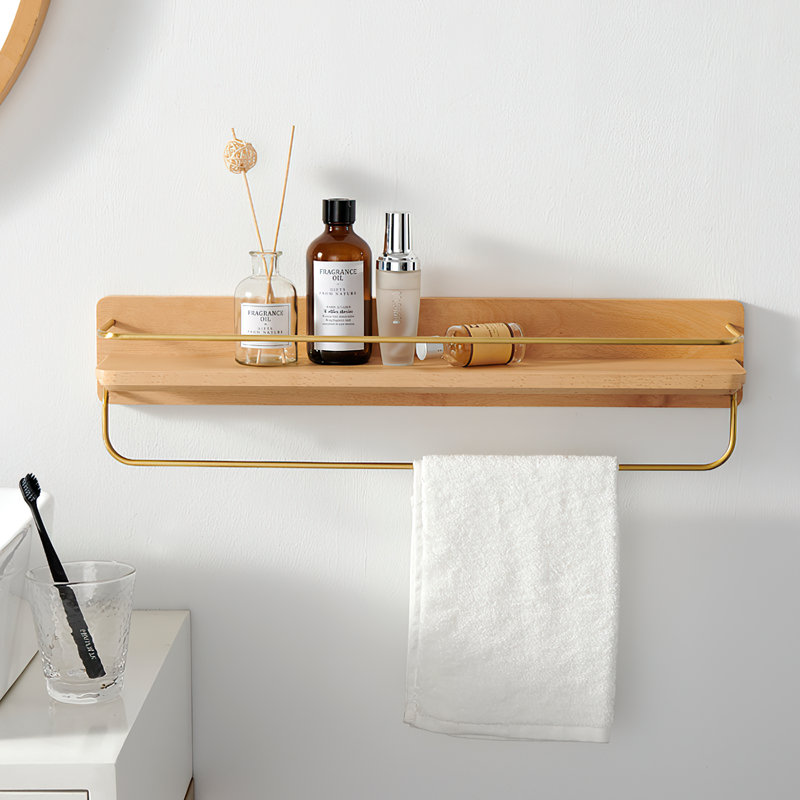Dandre Modern Brass Wooden Shelf, 5.2" H x 24" W x 5.6" D, Natural