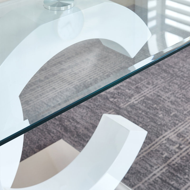 Table de salle à manger en verre trempé avec support central en panneau de fibres à densité moyenne blanc et base en acier inoxydable pour un design moderne