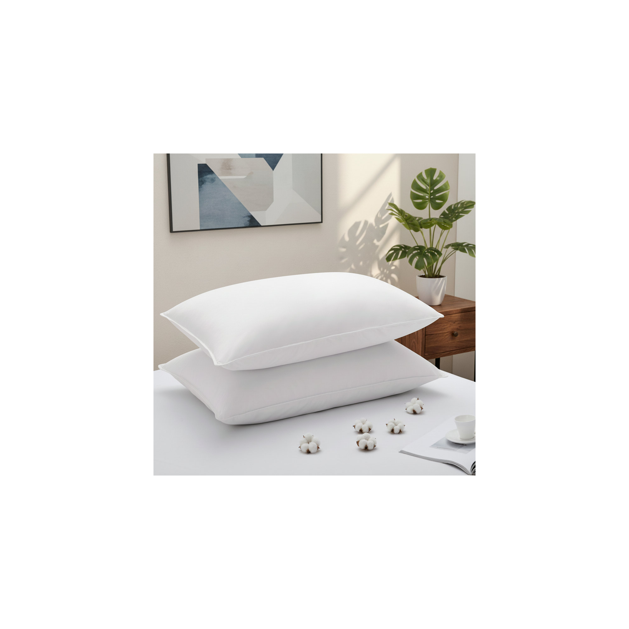 Goose Feather Down Blend Pillow, 100% Cotton Shell, Medium Support Sleep Pillows, Standard, White