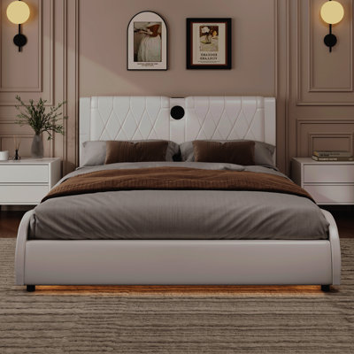 Yuvira Modern RGB LED Bed Frame with Faux Leather and Bluetooth Speakers by NFusion