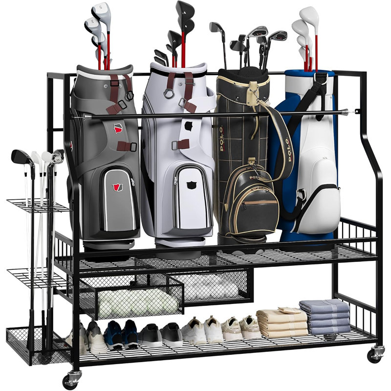 Golf Storage Rack with Drawer & Castors | Extra Large All-in-1 Organiser for 5 Bags, Double-Layer Metal Stand for Equipment Accessories in Garage & Home