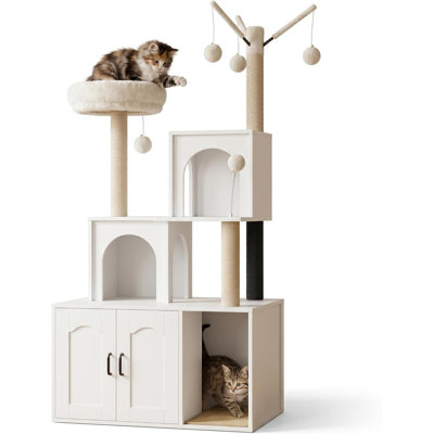 2-in-1 Cat Tree with Hidden Litter Box Enclosure, Wooden Cat Tower Featuring Scratching Posts, Cat Condo Cave, Storage Cabinet & Washable Cushion, White