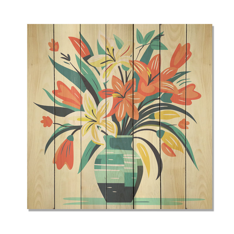 Bouquet de fleurs style bohème Henri Matisse III - poterie bohème sur bois, H 25 po x l 25 po