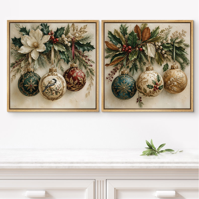 Ensemble de 2 reproductions d'art rustique des fêtes avec branches à feuilles persistantes et charme festif d'hiver encadré sur toile