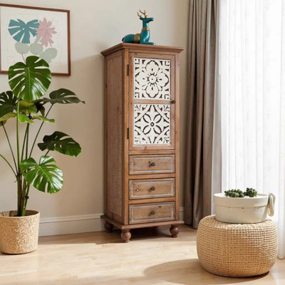Armoire de rangement rustique en bois avec porte découpée décorative et 3 tiroirs