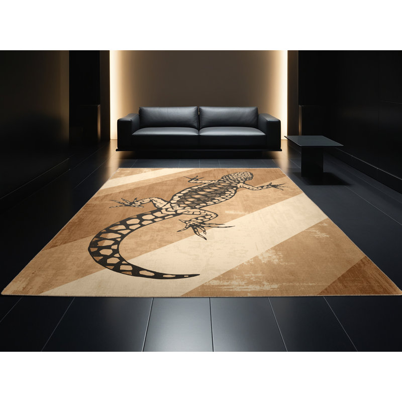 Tapis lavable à la machine de style rustique et moderne au look rustique osck lézard brun - reliure beige, 5 x 7