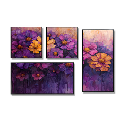 Zinnias, fleurs, lavande, champ de minuit III - art mural floral 4 pièces